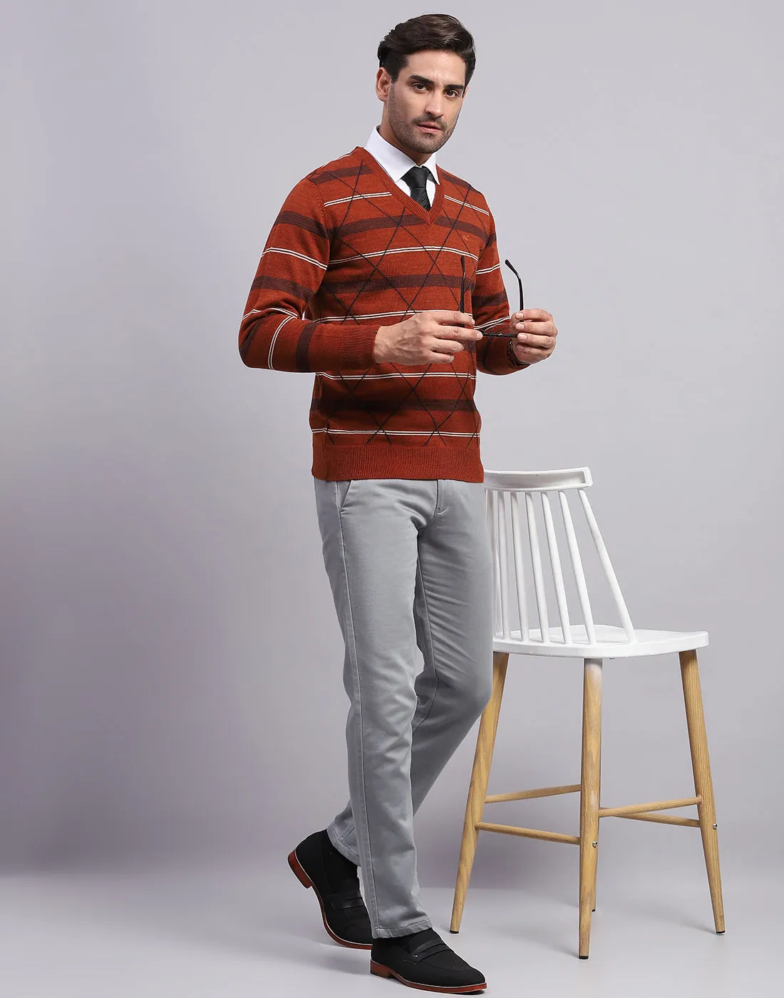 Men Rust Self Design V Neck Full Sleeve Pullover sold by Monte Carlo