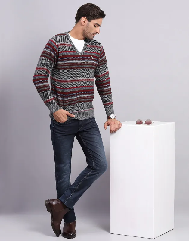 Men Grey Self Design V Neck Full Sleeve Pullover made by Monte Carlo