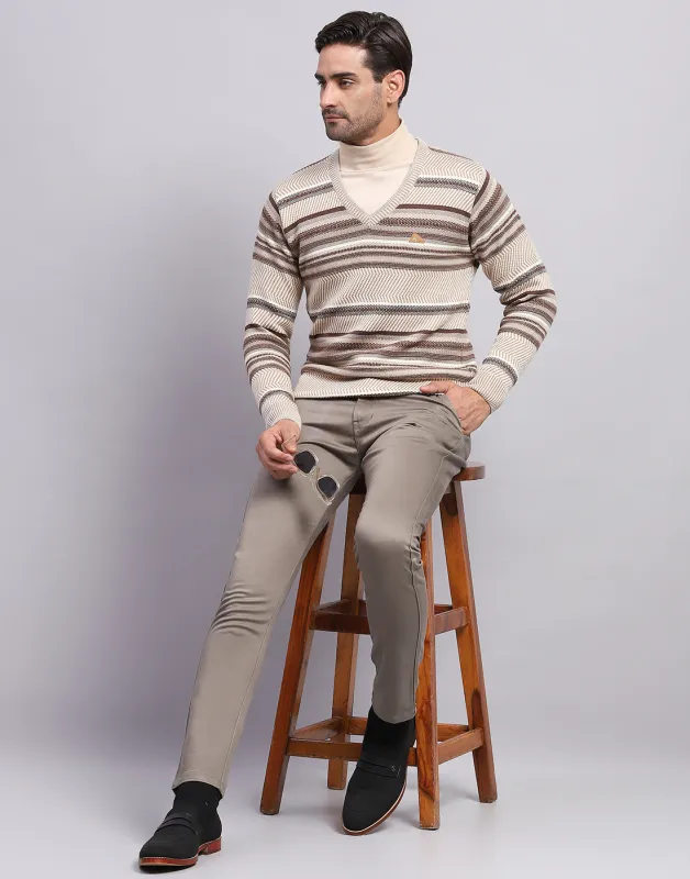 Men Beige Self Design V Neck Full Sleeve Pullover made by Monte Carlo