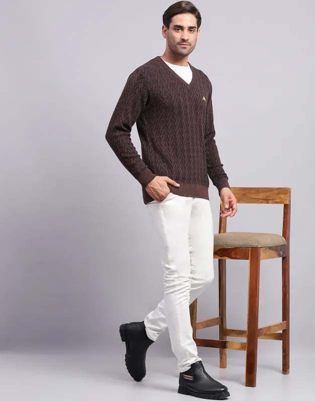 Men Brown Solid V Neck Full Sleeve Pullover made by Monte Carlo