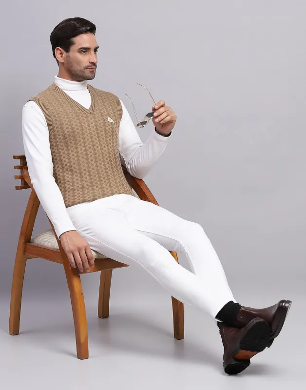 Men Khaki Self Design V Neck Sleeveless Sweater sold by Monte Carlo