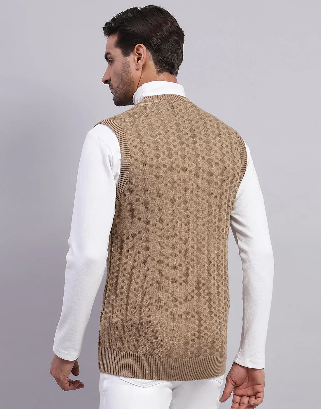 Men Khaki Self Design V Neck Sleeveless Sweater sold by Monte Carlo product image thumbnail 5
