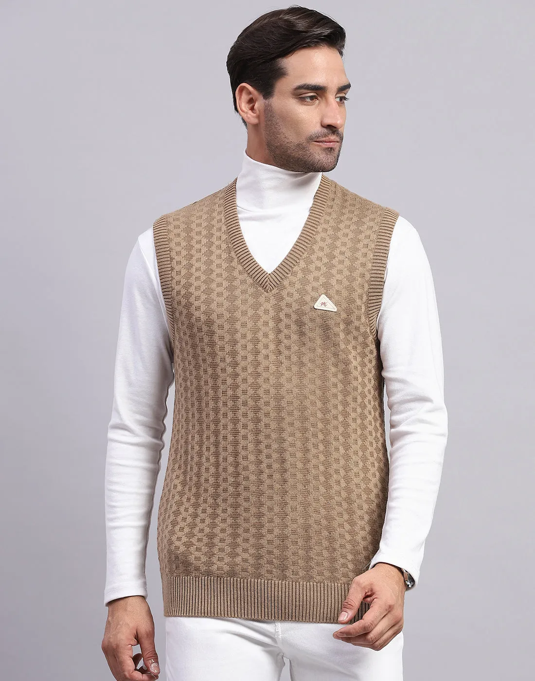 Men Khaki Self Design V Neck Sleeveless Sweater sold by Monte Carlo product image thumbnail 2