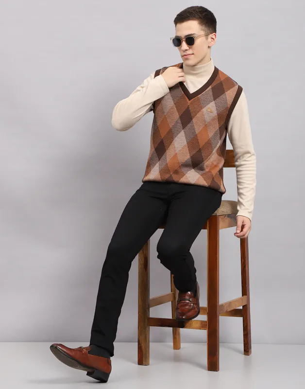 Men Brown Self Design V Neck Sleeveless Sweater sold by Monte Carlo