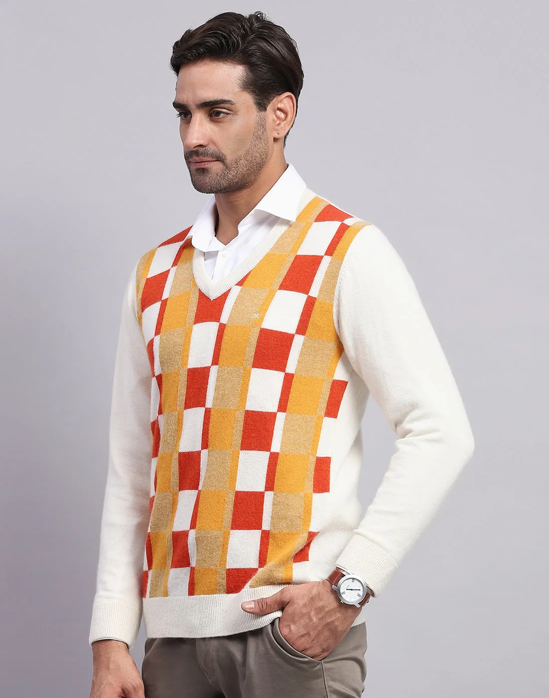 Men Off White Self Design V Neck Full Sleeve Pullover sold by Monte Carlo product image thumbnail 3