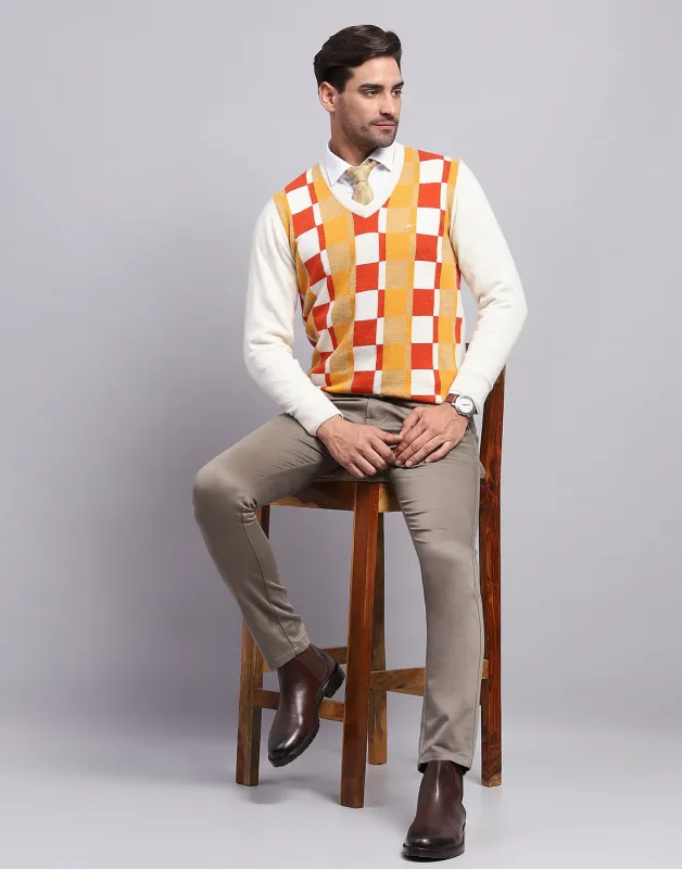 Men Off White Self Design V Neck Full Sleeve Pullover made by Monte Carlo