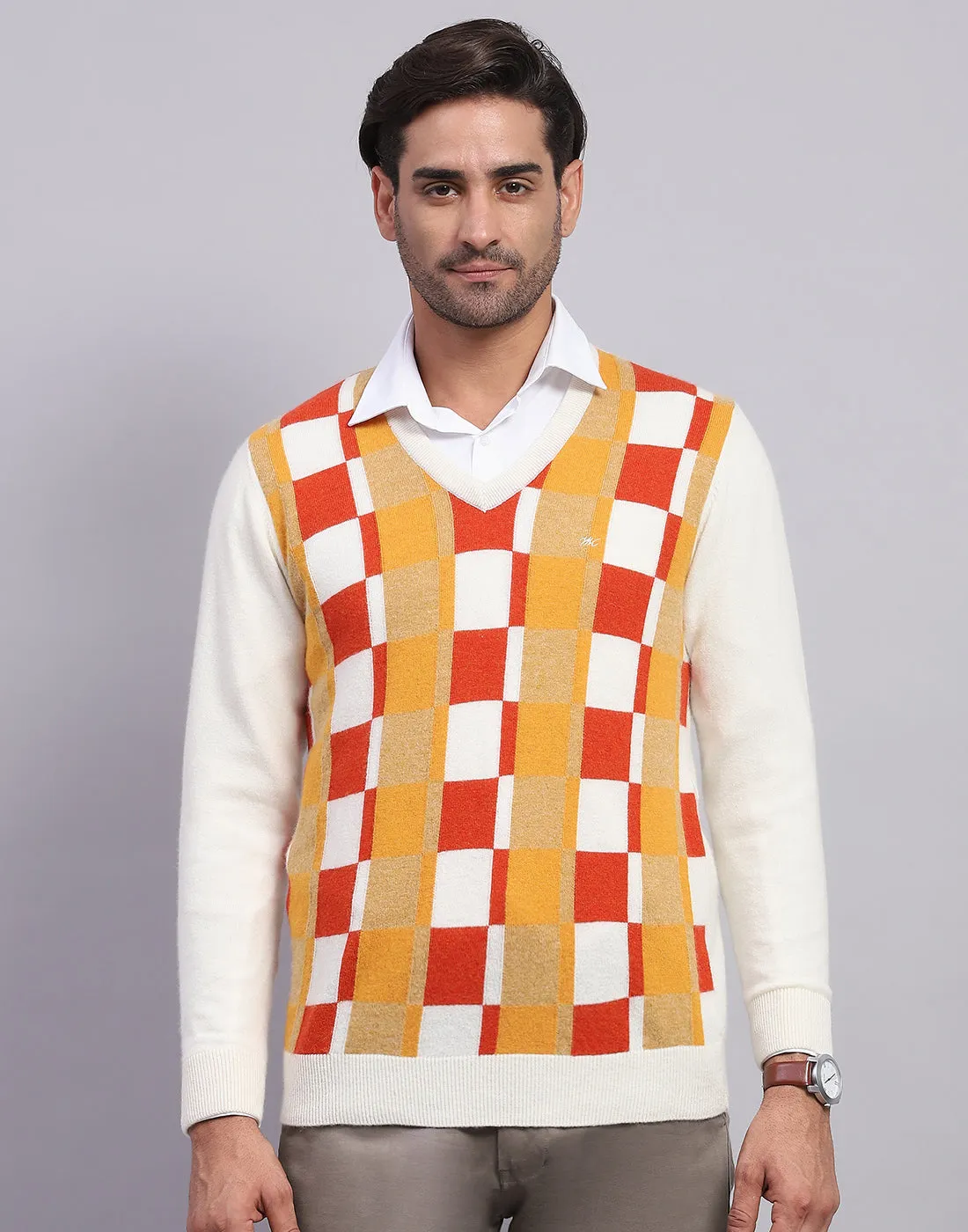 Men Off White Self Design V Neck Full Sleeve Pullover sold by Monte Carlo product image thumbnail 2