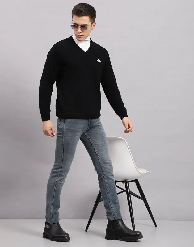 Men Black Self Design V Neck Full Sleeve Pullover made by Monte Carlo