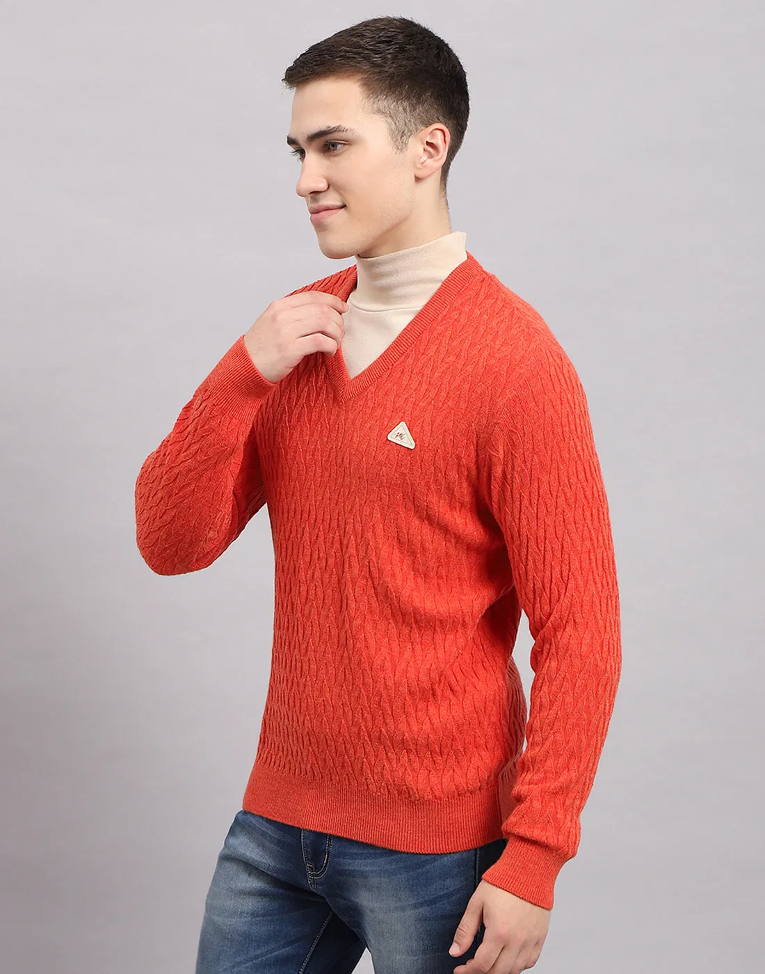 Men Orange Self Design V Neck Full Sleeve Pullover sold by Monte Carlo product image thumbnail 3