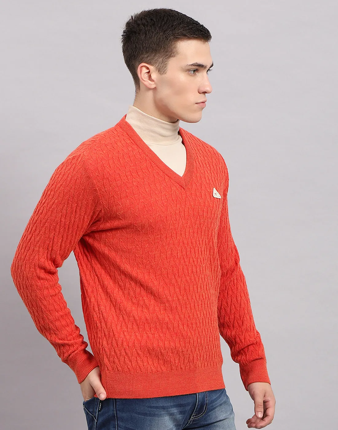 Men Orange Self Design V Neck Full Sleeve Pullover sold by Monte Carlo product image thumbnail 4