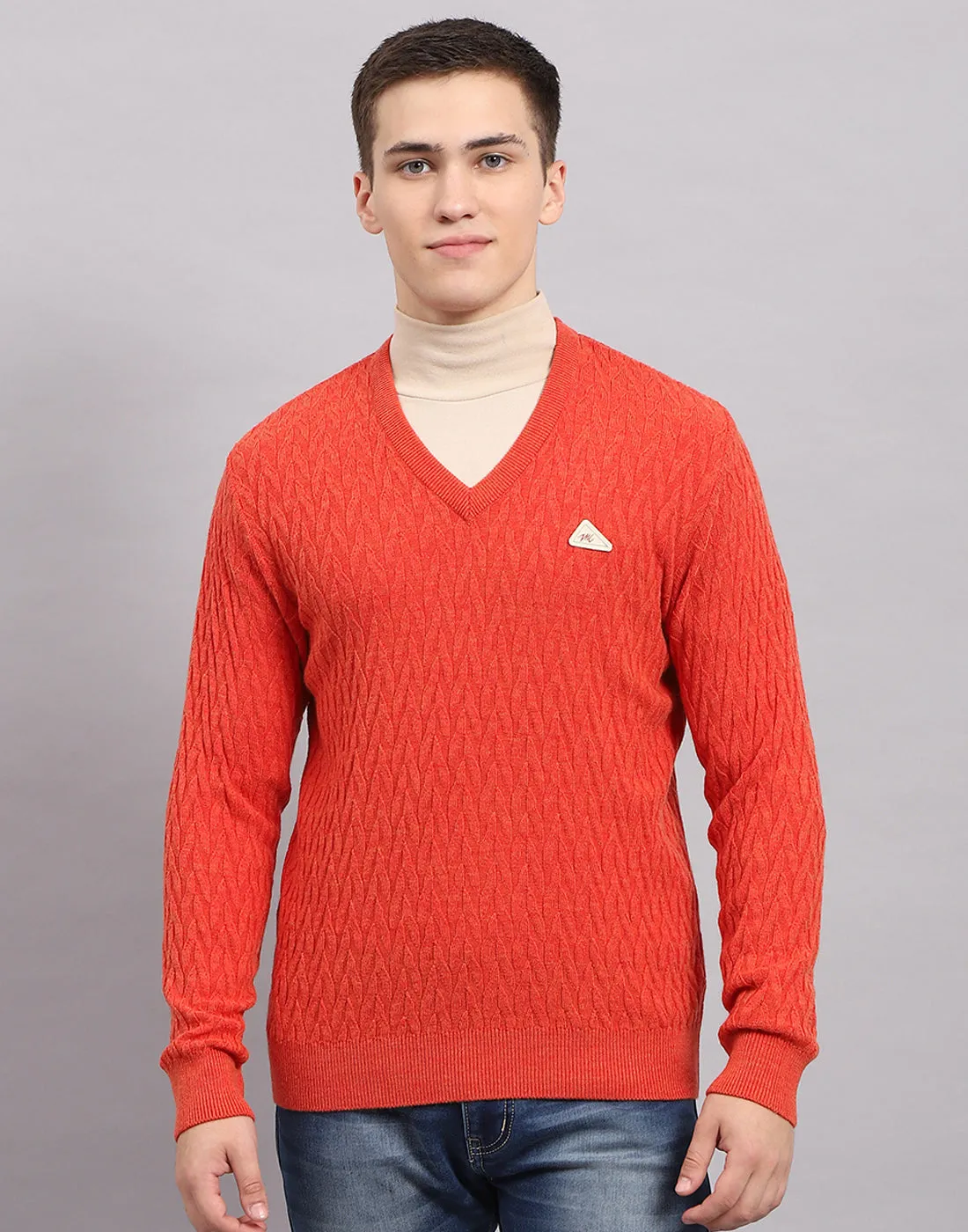 Men Orange Self Design V Neck Full Sleeve Pullover sold by Monte Carlo product image thumbnail 2