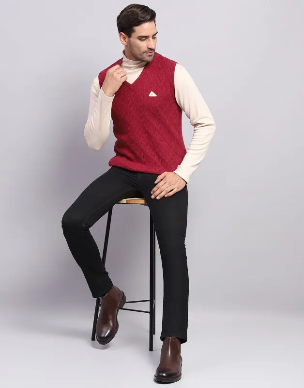 Men Maroon Self Design V Neck Sleeveless Sweater sold by Monte Carlo