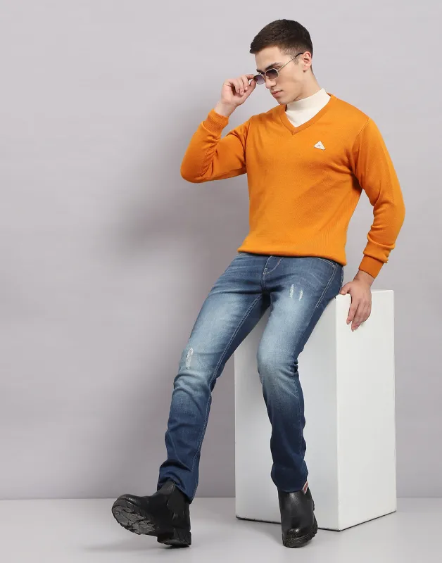 Men Orange Solid V Neck Full Sleeve Pullover made by Monte Carlo