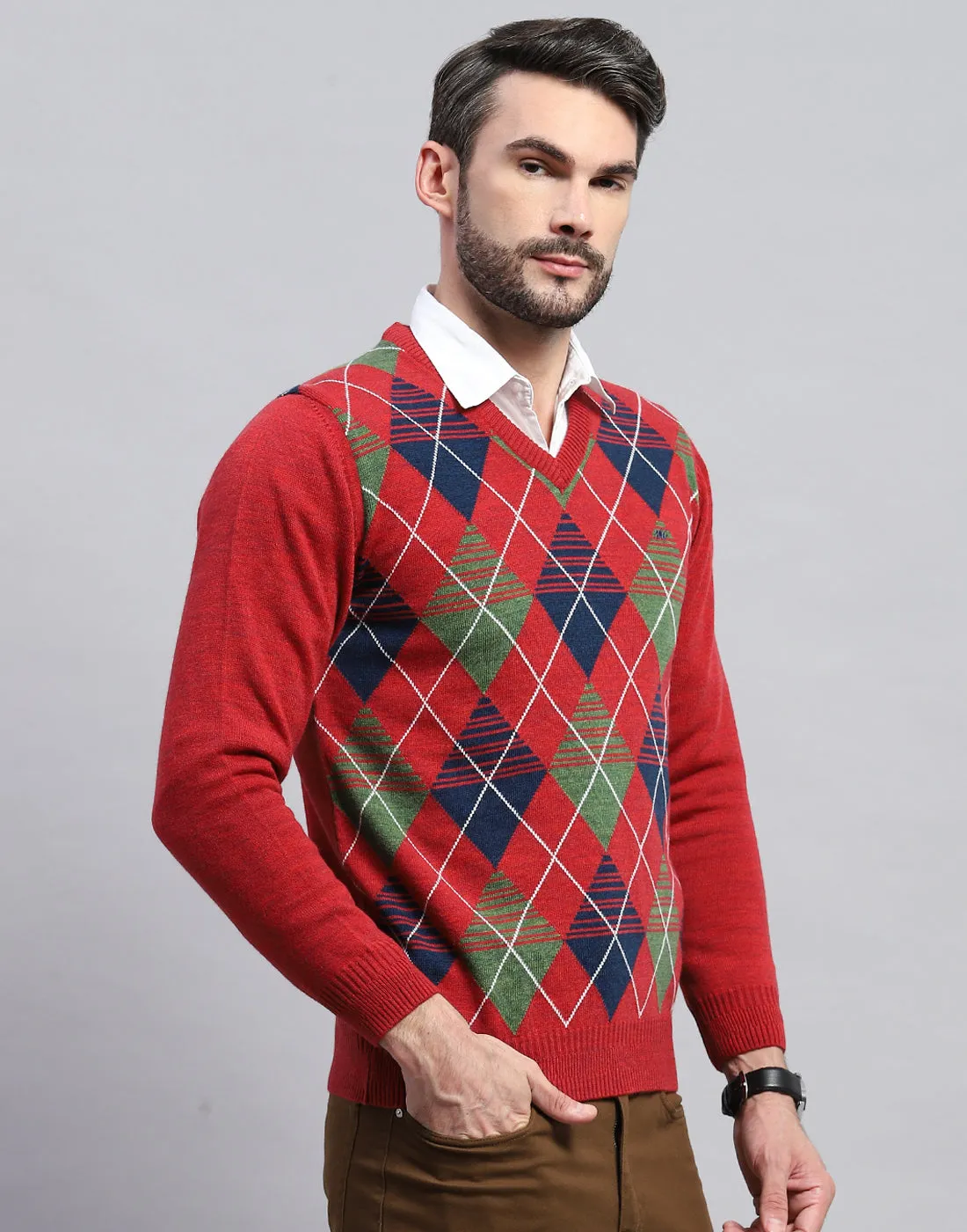 Men Red Geometric V Neck Full Sleeve Pullover sold by Monte Carlo product image thumbnail 5