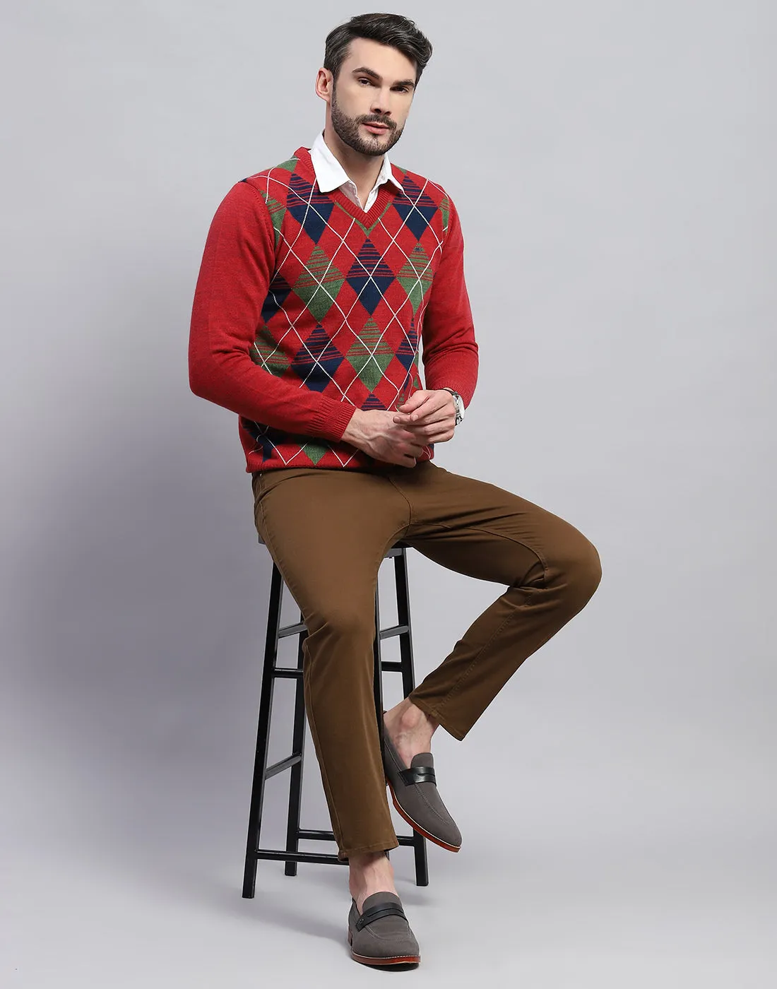 Men Red Geometric V Neck Full Sleeve Pullover sold by Monte Carlo product image thumbnail 3