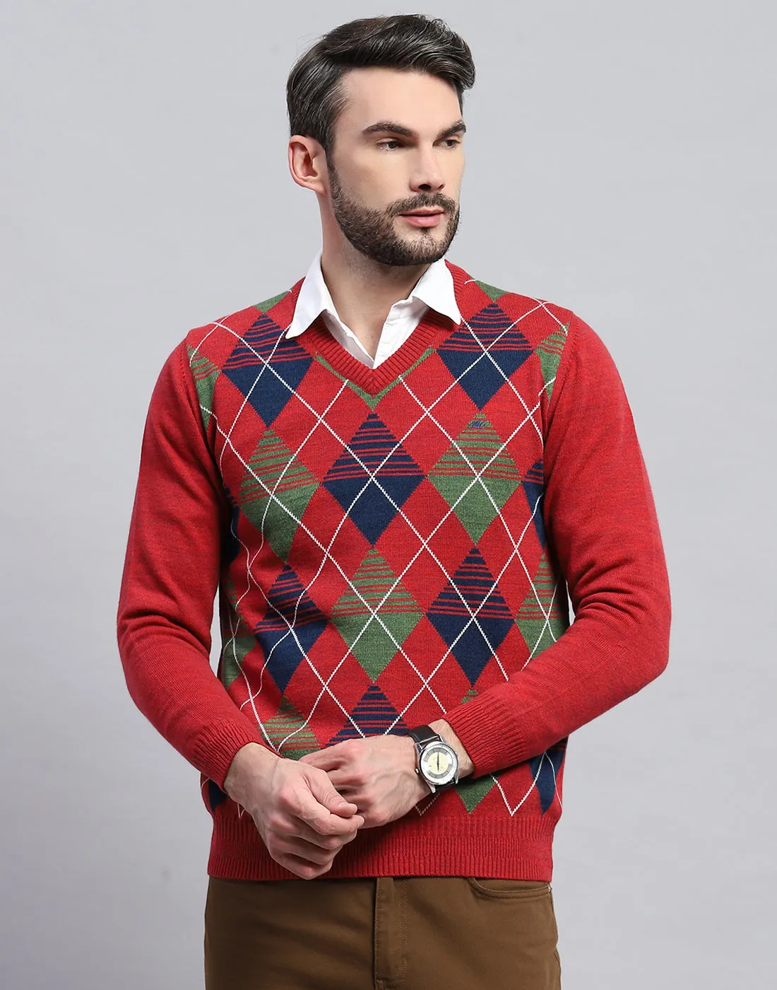 Men Red Geometric V Neck Full Sleeve Pullover sold by Monte Carlo product image thumbnail 2