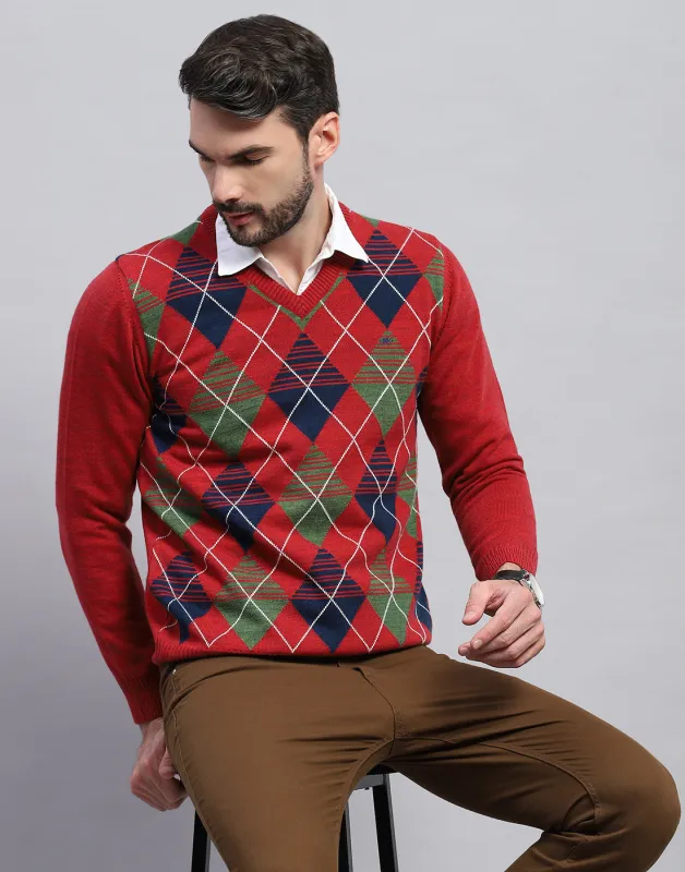 Men Red Geometric V Neck Full Sleeve Pullover made by Monte Carlo