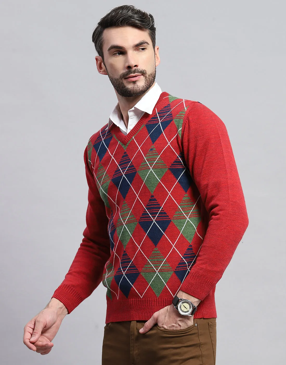 Men Red Geometric V Neck Full Sleeve Pullover sold by Monte Carlo product image thumbnail 4