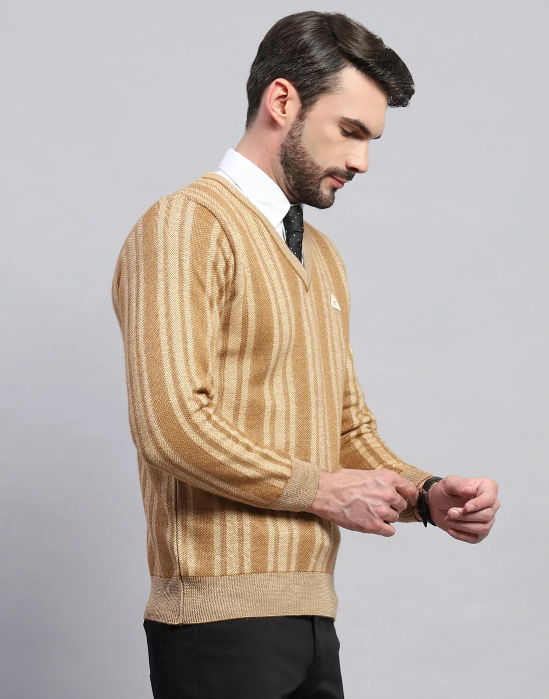 Men Beige Stripe V Neck Full Sleeve Pullover sold by Monte Carlo product image thumbnail 4