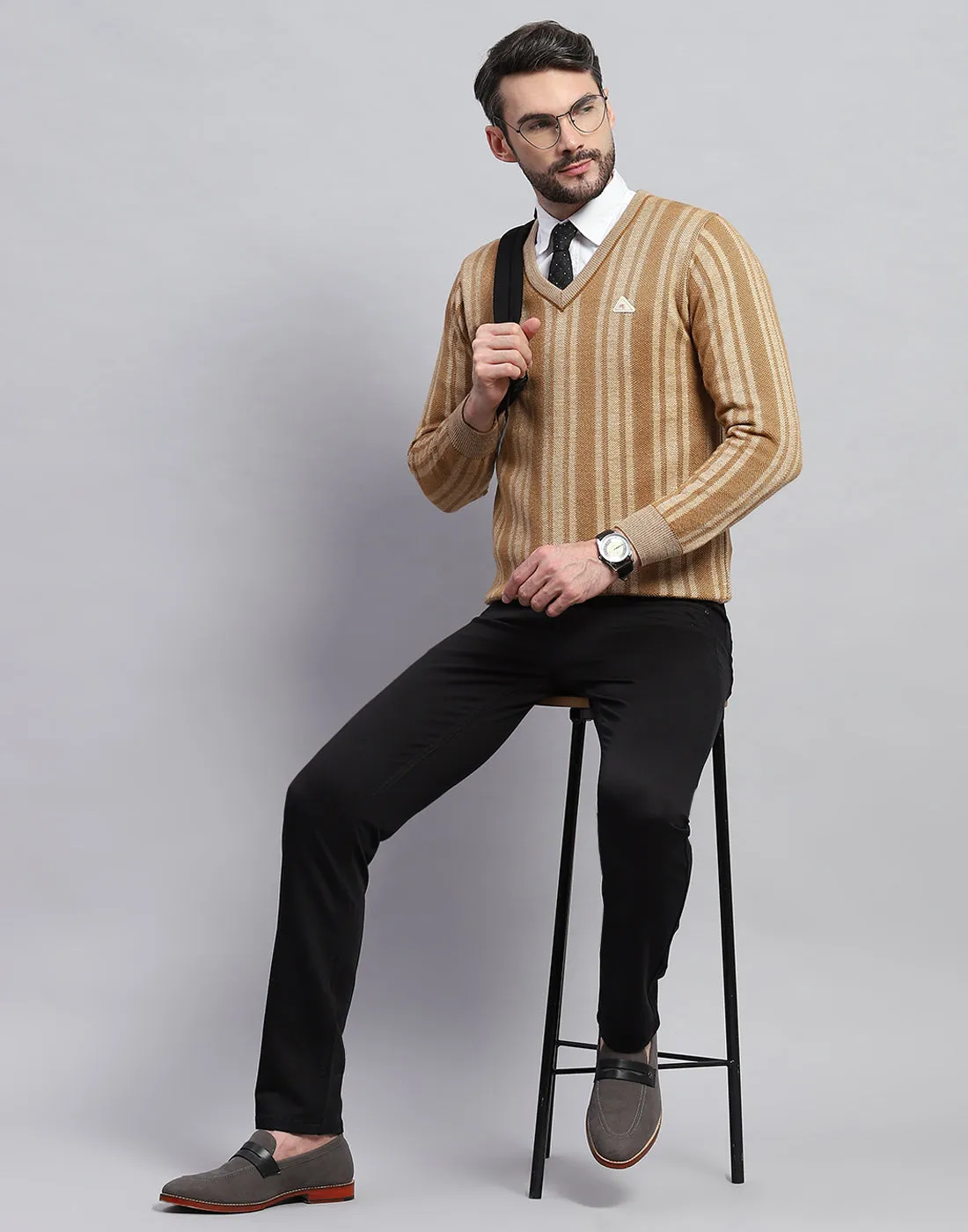 Men Beige Stripe V Neck Full Sleeve Pullover sold by Monte Carlo product image thumbnail 2