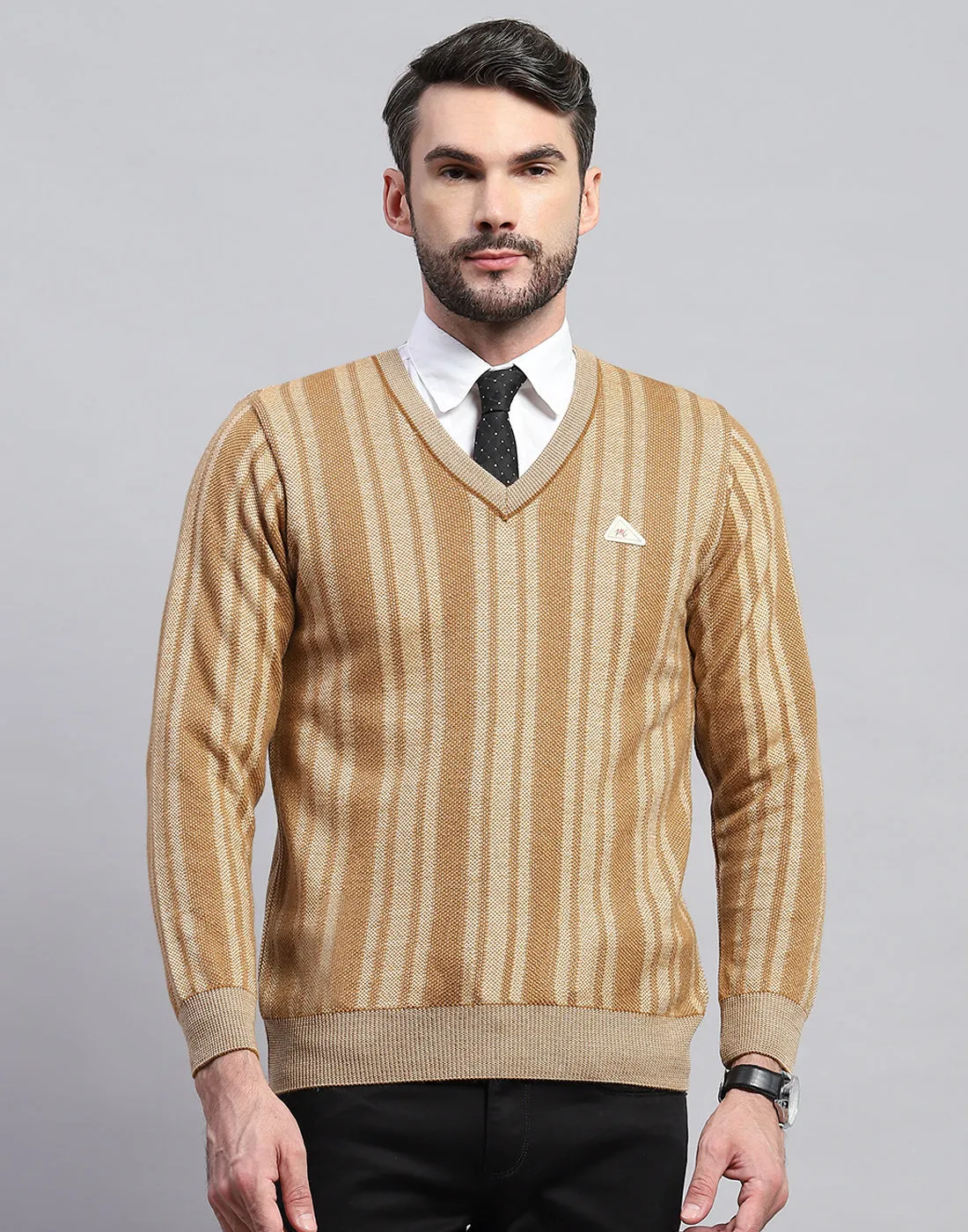 Men Beige Stripe V Neck Full Sleeve Pullover sold by Monte Carlo product image thumbnail 3