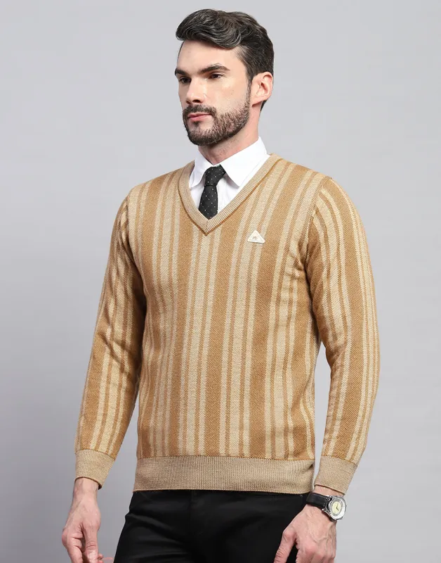 Men Beige Stripe V Neck Full Sleeve Pullover made by Monte Carlo
