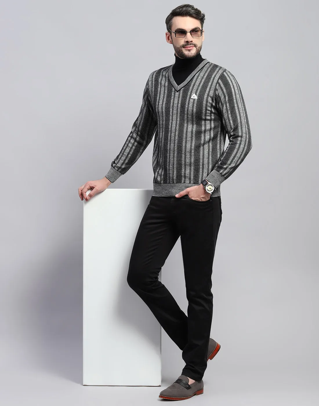 Men Black Stripe V Neck Full Sleeve Pullover sold by Monte Carlo product image thumbnail 2