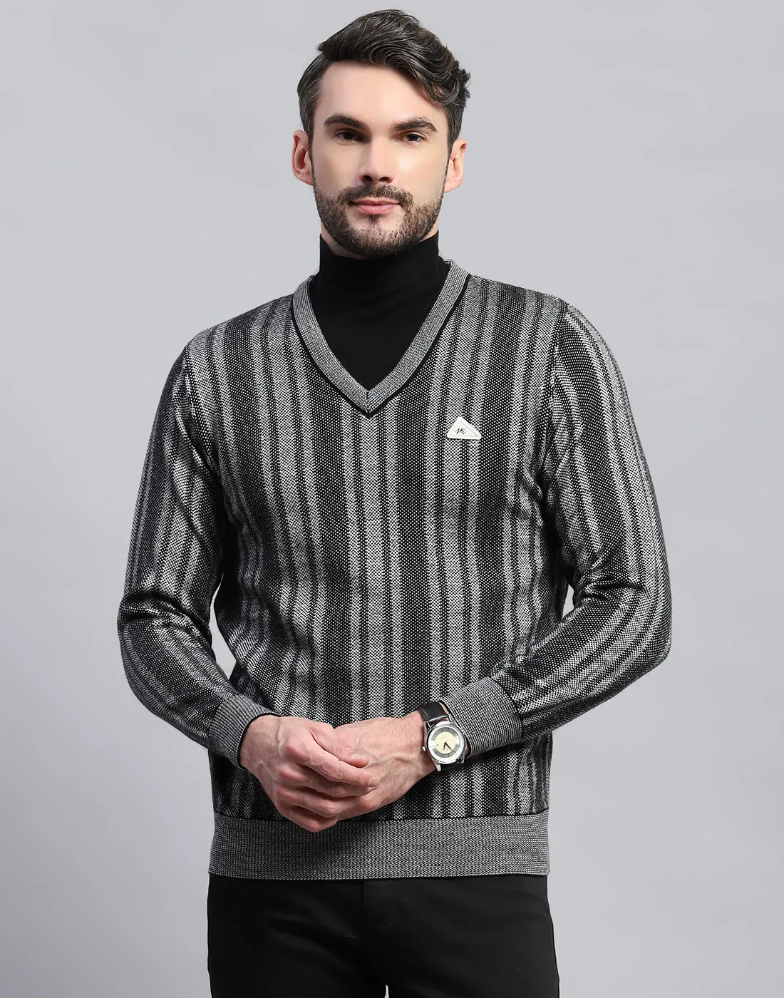 Men Black Stripe V Neck Full Sleeve Pullover sold by Monte Carlo product image thumbnail 4