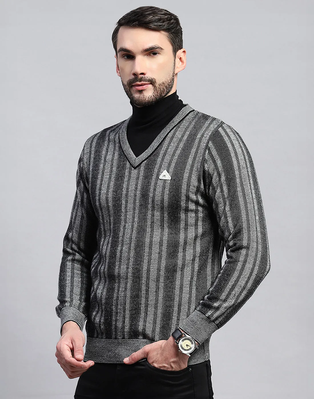 Men Black Stripe V Neck Full Sleeve Pullover sold by Monte Carlo product image thumbnail 3