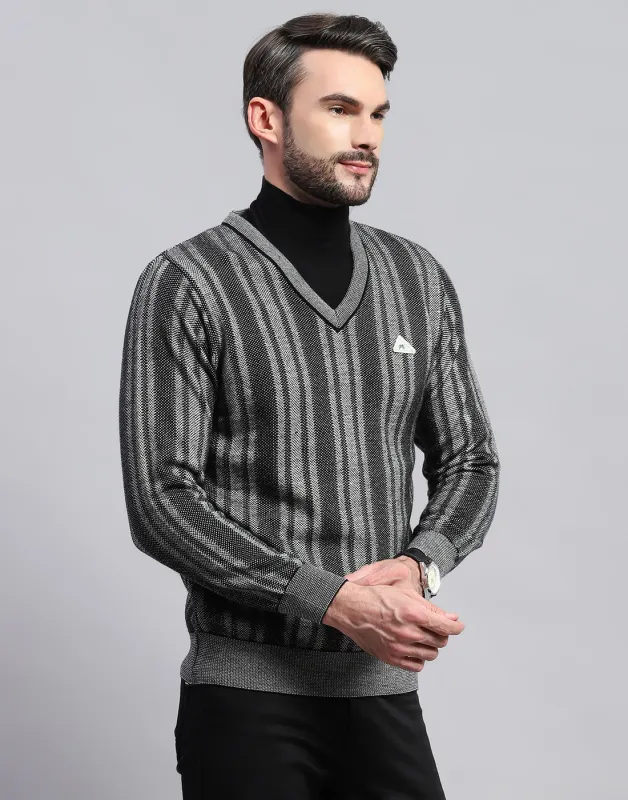 Men Black Stripe V Neck Full Sleeve Pullover made by Monte Carlo