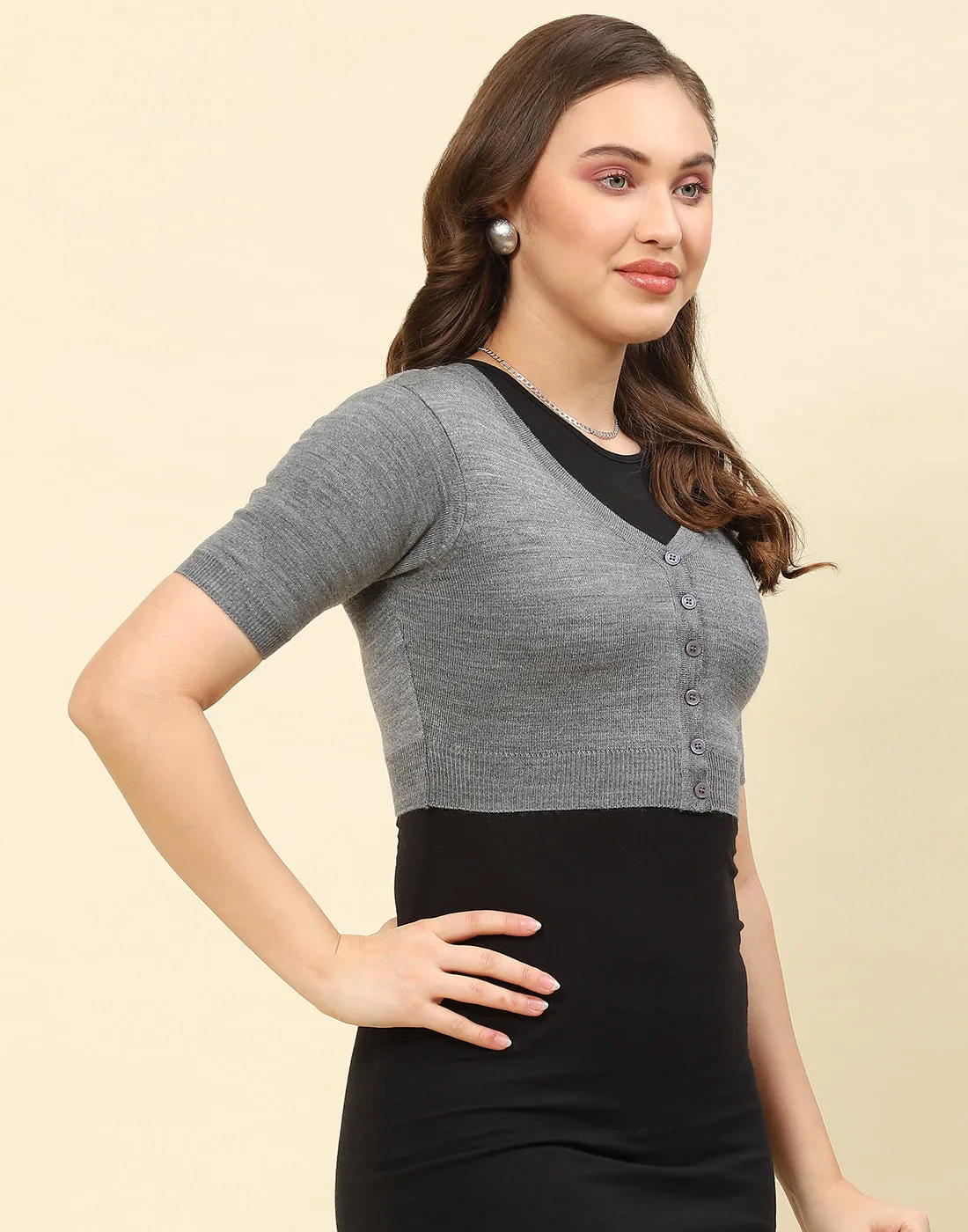 Women Grey Solid V Neck Half Sleeve Blouse sold by Monte Carlo product image thumbnail 4