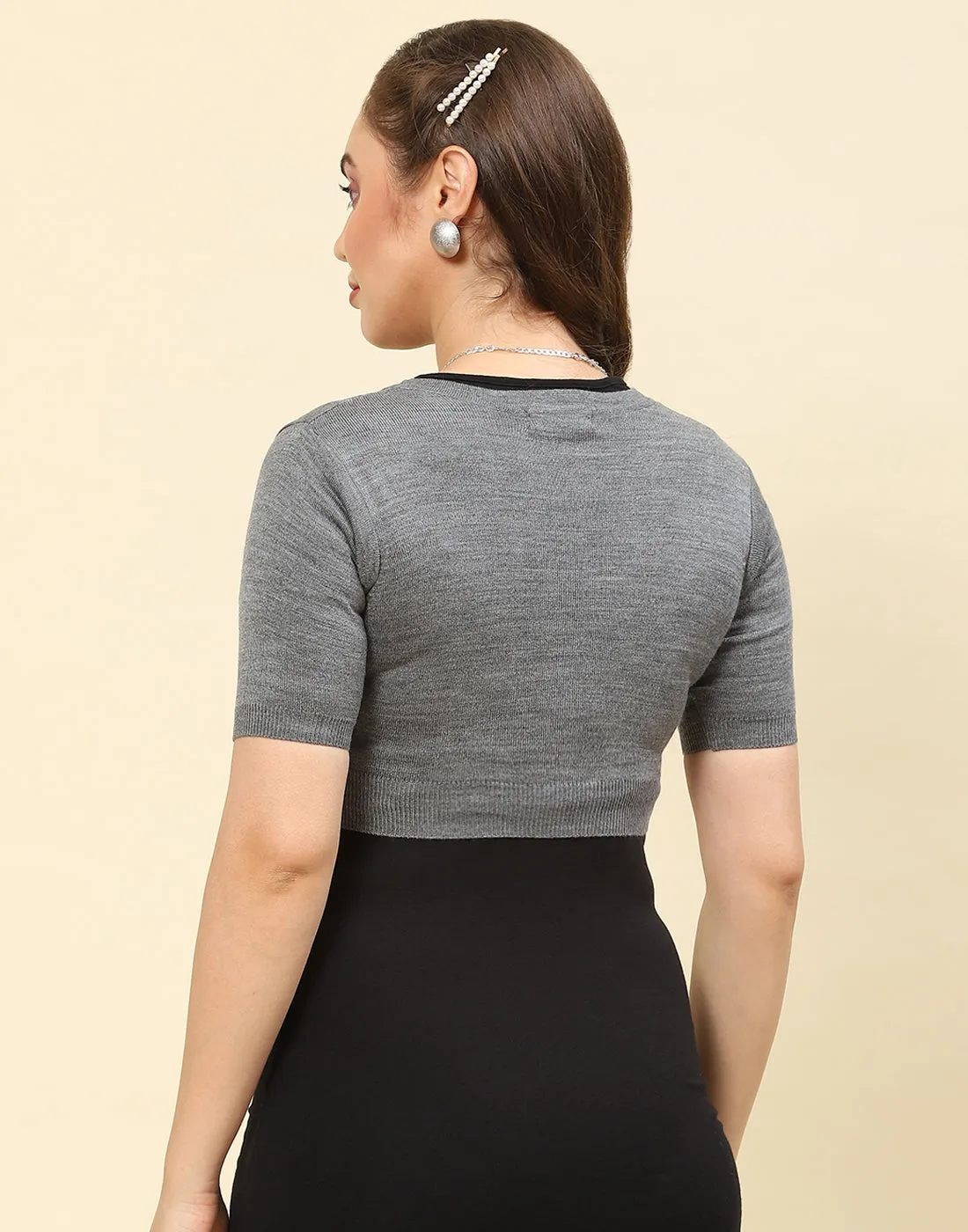 Women Grey Solid V Neck Half Sleeve Blouse sold by Monte Carlo product image thumbnail 5