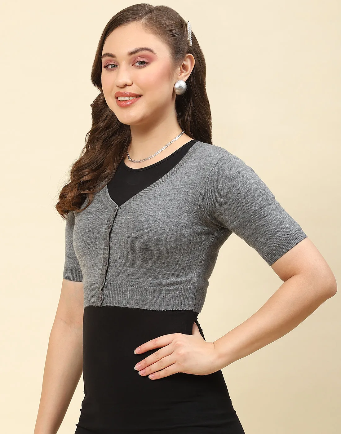 Women Grey Solid V Neck Half Sleeve Blouse sold by Monte Carlo product image thumbnail 3