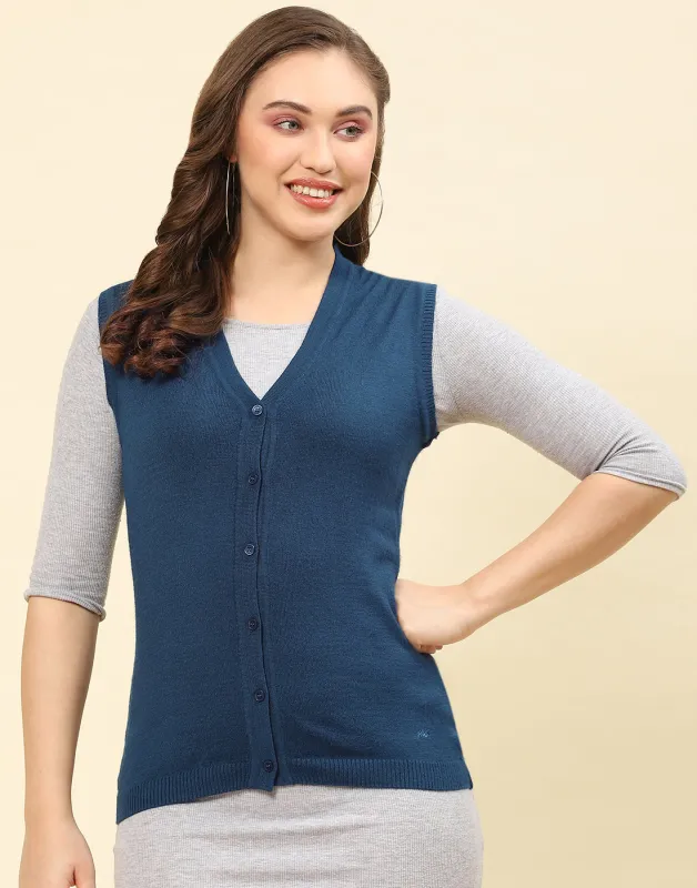 Women Teal Blue Solid V Neck Sleeveless Cardigan sold by Monte Carlo