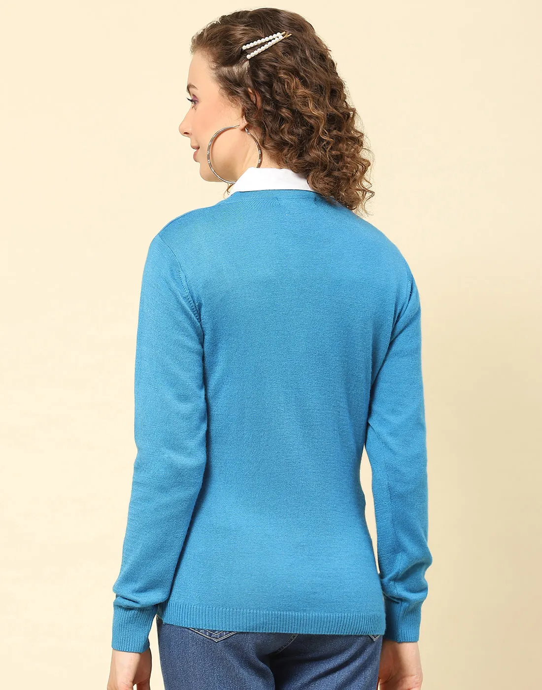 Women Blue Solid V Neck Full Sleeve Cardigan sold by Monte Carlo product image thumbnail 5