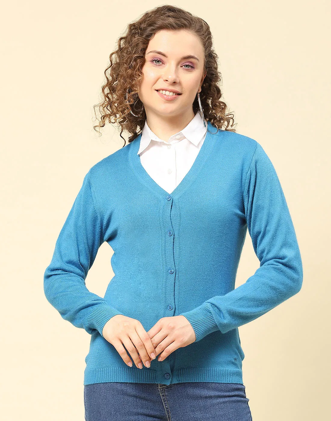 Women Blue Solid V Neck Full Sleeve Cardigan sold by Monte Carlo product image thumbnail 3