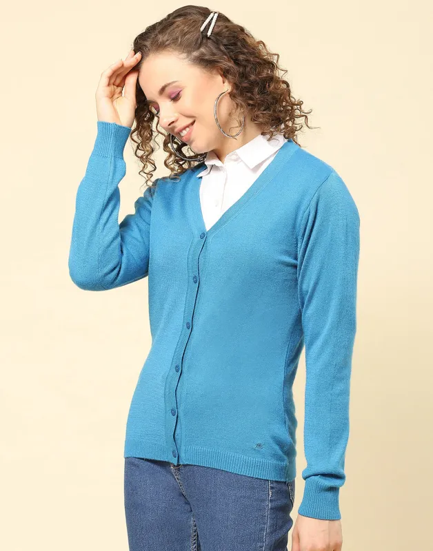 Women Blue Solid V Neck Full Sleeve Cardigan sold by Monte Carlo