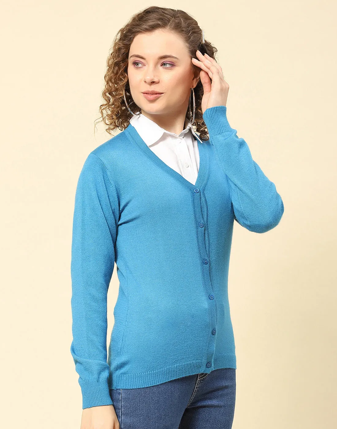 Women Blue Solid V Neck Full Sleeve Cardigan sold by Monte Carlo product image thumbnail 4