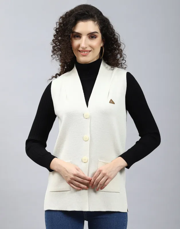 Women Off White Solid V Neck Sleeveless Cardigan sold by Monte Carlo