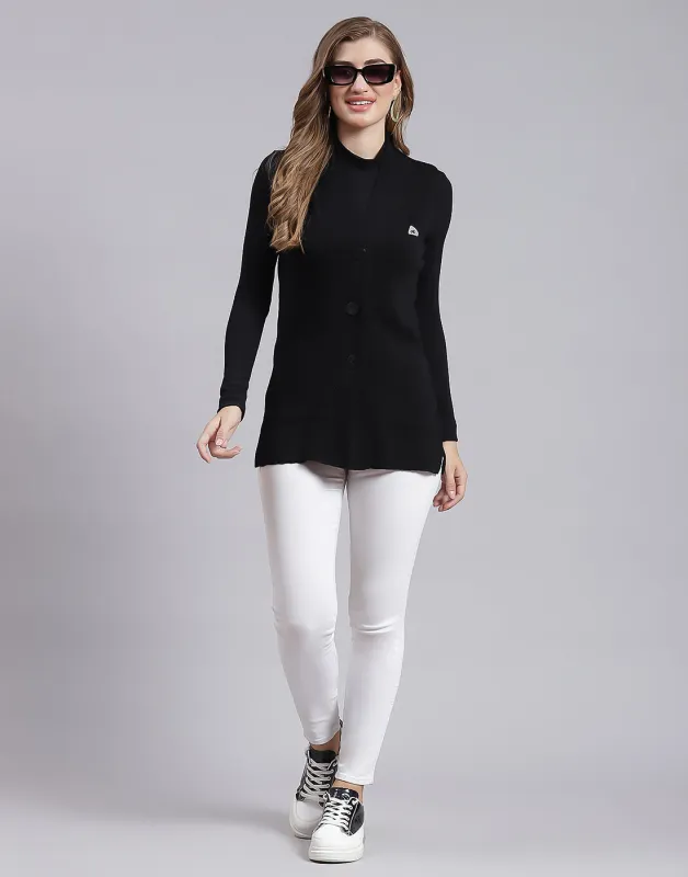 Women Black Solid V Neck Sleeveless Cardigan sold by Monte Carlo
