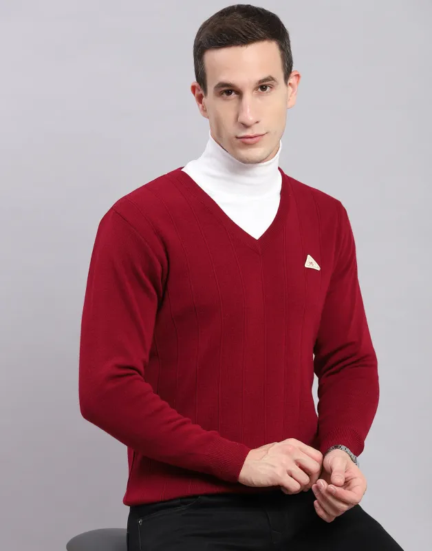 Men Maroon Solid V Neck Full Sleeve Pullover made by Monte Carlo