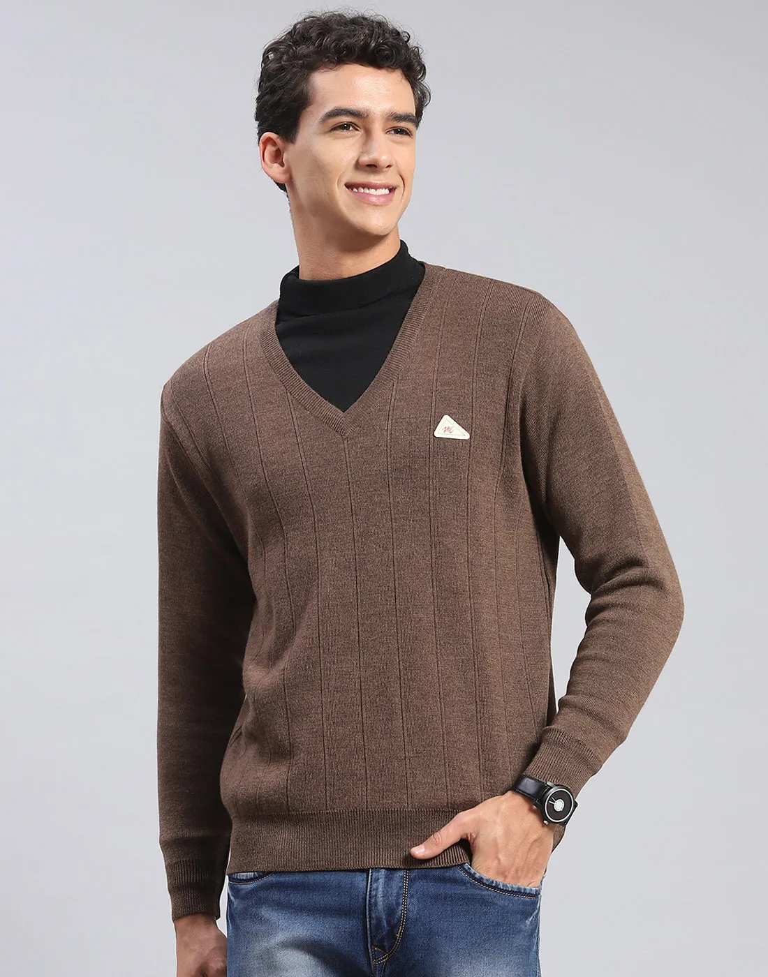 Men Brown Solid V Neck Full Sleeve Pullover sold by Monte Carlo product image thumbnail 2