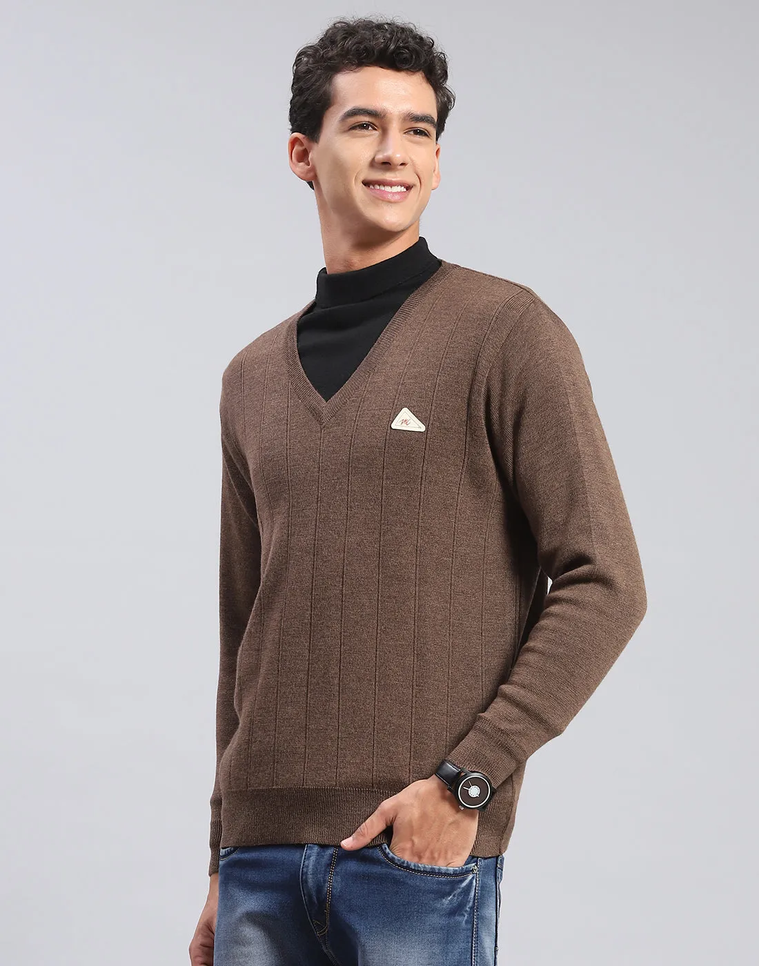 Men Brown Solid V Neck Full Sleeve Pullover sold by Monte Carlo product image thumbnail 3