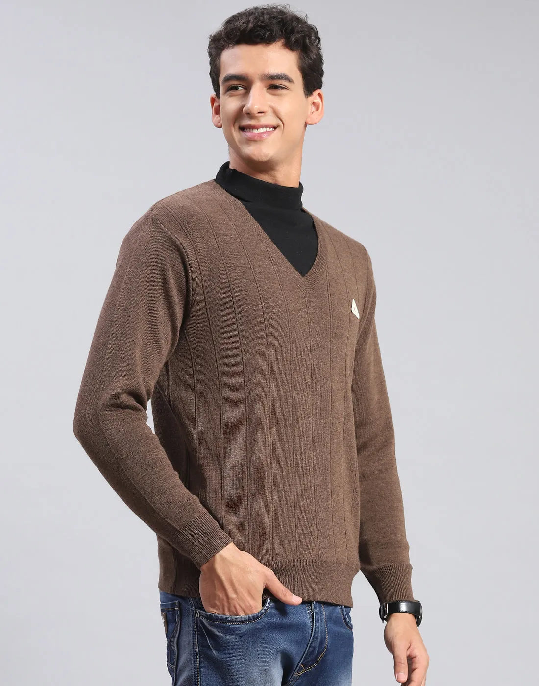 Men Brown Solid V Neck Full Sleeve Pullover sold by Monte Carlo product image thumbnail 4