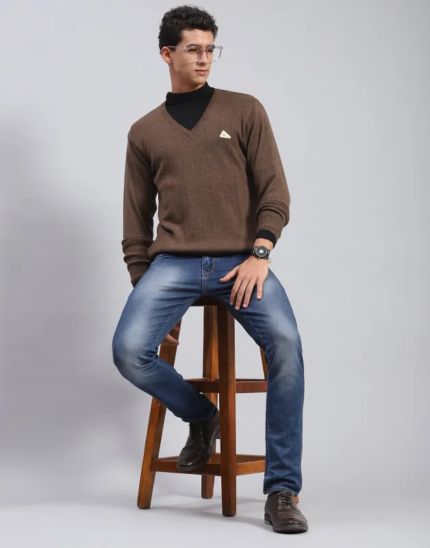Men Brown Solid V Neck Full Sleeve Pullover made by Monte Carlo
