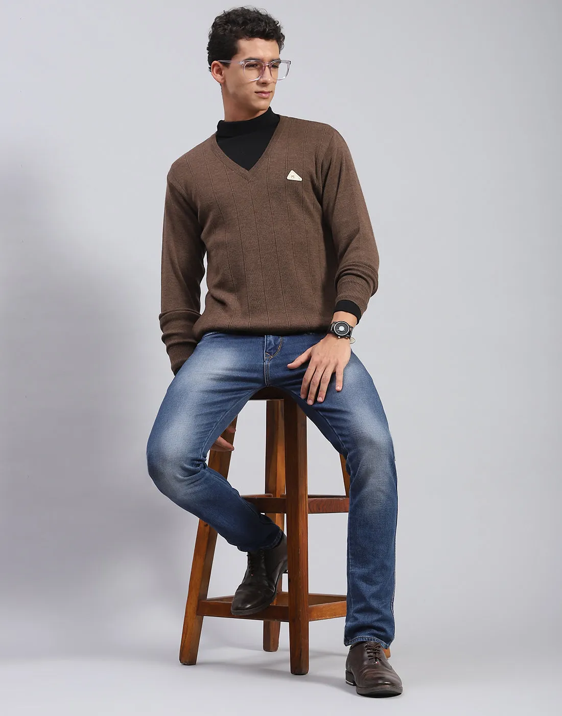 Men Brown Solid V Neck Full Sleeve Pullover sold by Monte Carlo