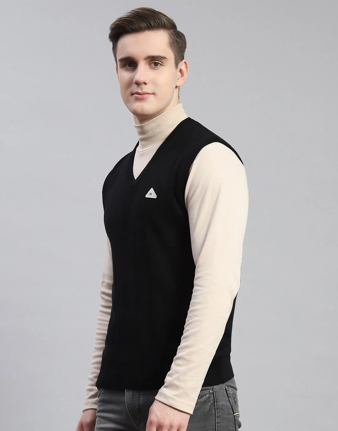 Men Black Solid V Neck Sleeveless Sweater sold by Monte Carlo product image thumbnail 3