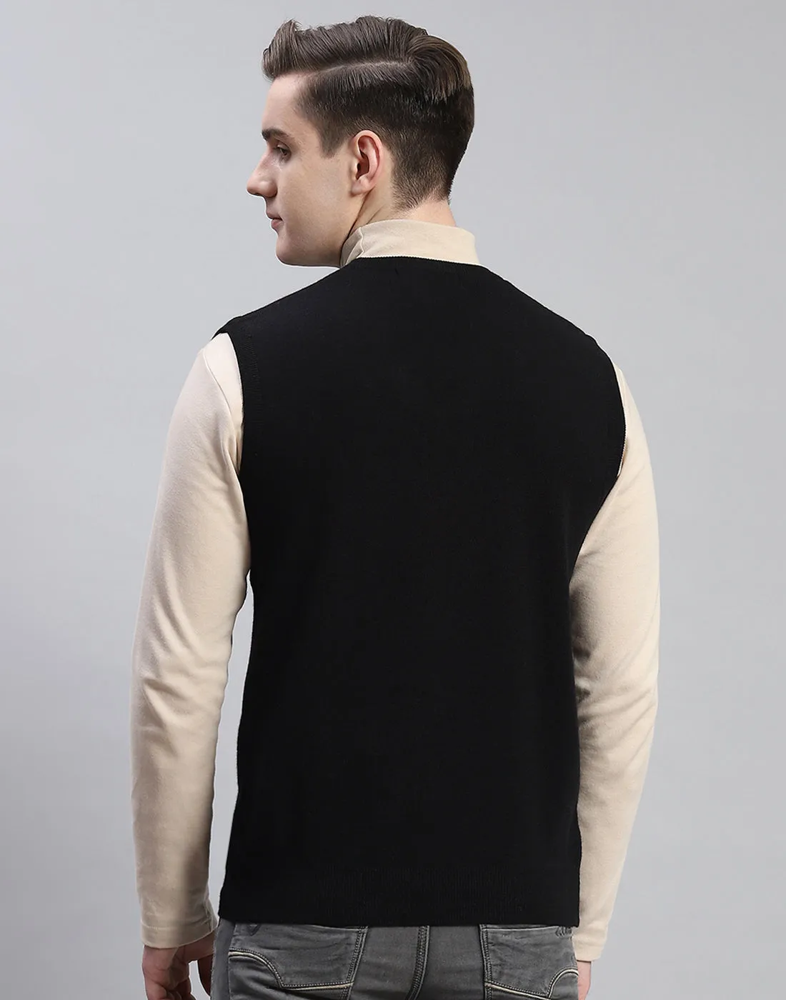 Men Black Solid V Neck Sleeveless Sweater sold by Monte Carlo product image thumbnail 5