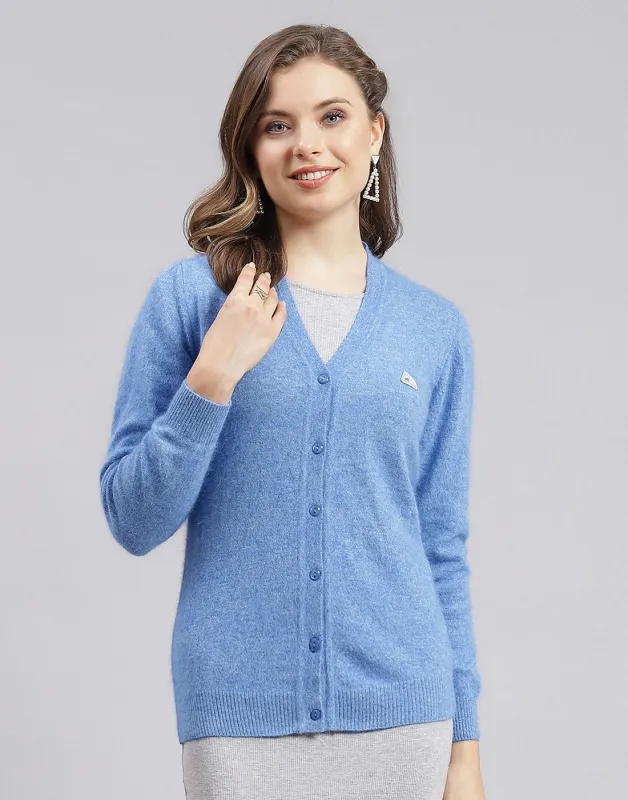Women Blue Solid V Neck Full Sleeve Cardigan sold by Monte Carlo