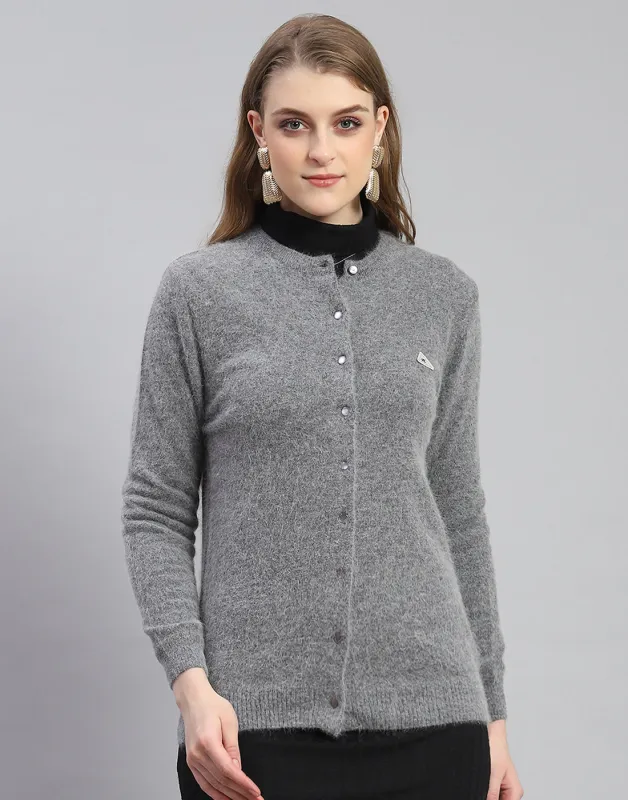Women Grey Solid Round Neck Full Sleeve Cardigan sold by Monte Carlo